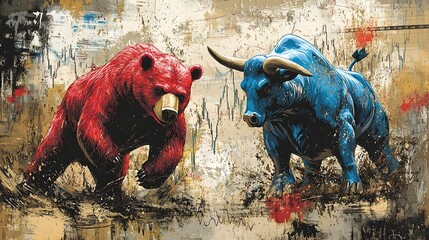 Poster - Vibrant and dynamic depicting a red bear and blue bull in an intense financial clash set against a fluctuating market chart background