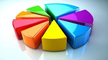 Fototapete - A vibrant pie chart with segments in various colors, each part slightly separated, set on a reflective white surface for a dynamic financial look