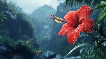 Poster - A vibrant red hibiscus with water droplets delicately placed on its petals, creating a striking contrast with its natural surroundings.