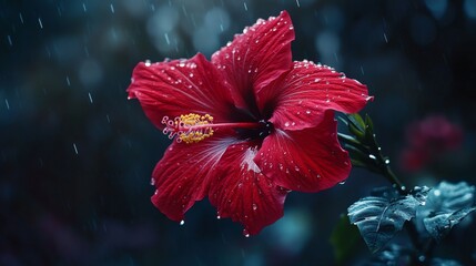 Poster - A vibrant red hibiscus with water droplets delicately placed on its petals, creating a striking contrast with its natural surroundings.