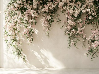 Poster - Elegant Floral Wall Backdrop Soft Pink Blossoms  Sunlight Studio Setting