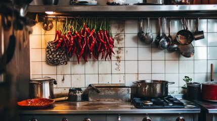 Poster - A warm kitchen atmosphere with fresh chili peppers hanging in bunches, creating a rustic feel and emphasizing their role in traditional cooking