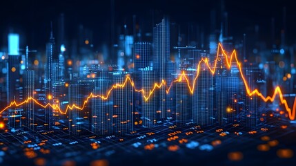 Poster - A high impact financial graph background with overlapping data visualization trends and glowing futuristic design elements showcasing dynamic market analytics and investment insights