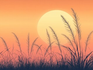 Wall Mural - Serene Sunset Silhouette Grass Meadow Peaceful Orange Sky