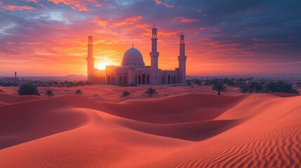 Wall Mural - Desert mosque sunset; vibrant, serene beauty.