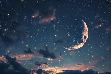 Wall Mural - night sky with crescent moon and stars for decoration.