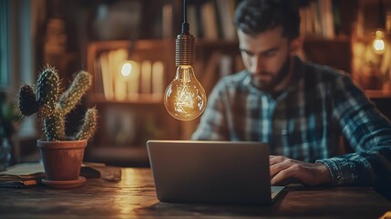 Poster - Thoughtful male entrepreneur exploring business ideas and trends using laptop computer in his cozy vintage style home office workspace  Surrounded by plants lamps