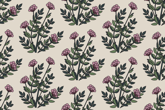 Botanical abstract seamless pattern whit plant and flowers vector illustration. Repeating floral print in retro green purple pastel colors. Graphic design for Wallpaper Wedding Cover Wrapping Textile