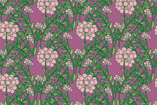 Botanical abstract seamless pattern whit plant and flowers vector illustration. Repeating floral print in retro green purple pastel colors. Graphic design for Wallpaper Wedding Cover Wrapping Textile