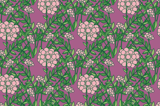Botanical abstract seamless pattern whit plant and flowers vector illustration. Repeating floral print in retro green purple pastel colors. Graphic design for Wallpaper Wedding Cover Wrapping Textile