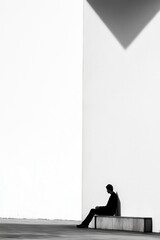 Aufkleber - A man sits on a bench in front of a tall building. The scene is quiet and peaceful, with the man looking off into the distance. The black and white photo gives the image a timeless. AI generated.