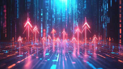 Poster - Futuristic digital graph background with overlapping arrows and fluctuating trend lines representing the dynamic nature of financial data analysis and market performance