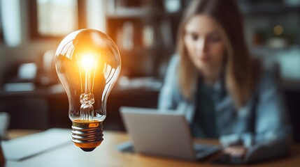 Poster - Close up of a glowing lightbulb resting on a desk representing a brilliant idea or solution that has been discovered sparking innovation and progress for the year ahead