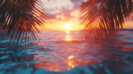 Poster - Idyllic sunset over calm ocean framed by palm fronds.