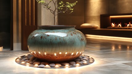 Wall Mural - Illuminated planter, stones, plant, fireplace background.