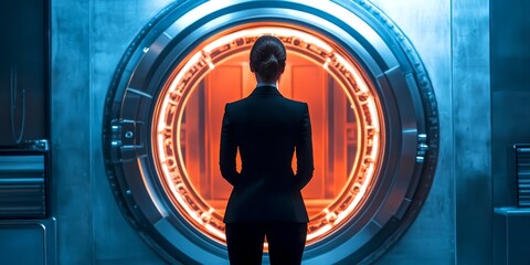 Aufkleber - A mysterious figure stands before a glowing circular portal in a futuristic setting. The environment is sleek and high-tech, hinting at advanced technology.