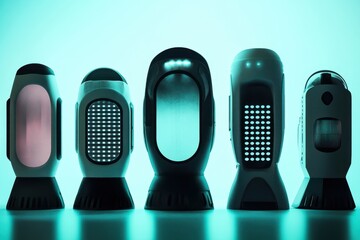 Poster - Modern futuristic devices displayed in a minimalist gallery setting with ambient lighting