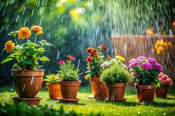 Canvas Print - Double Exposure: Rain-Soaked Garden, Flowers & Pots