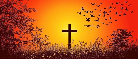 Wall Mural - Sunset Silhouette Cross Birds Field Peaceful Orange Sky