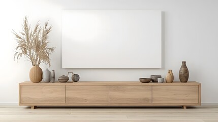 Poster - A cozy and contemporary living room setup featuring a wooden cabinet with modern accessories and a clean white wall backdrop creating a minimalist and sophisticated ambiance