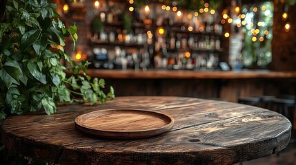 Fototapete - A cozy countryside bar scene with a wooden plate on a rustic table in the foreground surrounded by dreamy bokeh lighting and a warm inviting atmosphere