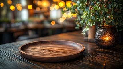 Poster - A natural wooden plate rests on a textured table surrounded by a dreamy soft bokeh glow in a cozy inviting countryside bar setting  The warm intimate atmosphere creates a peaceful serene ambiance