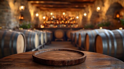 Fototapete - A rustic countryside bar with a wooden plate on a table in the foreground complemented by barrels and dim lighting creating a cozy and inviting atmosphere for enjoying vintage beverages