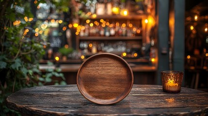 Fototapete - A rustic wooden plate resting on a weathered tabletop in the foreground of a cozy countryside bar surrounded by a dreamy warm bokeh glow that creates a calming tranquil atmosphere
