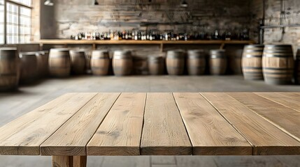 Fototapete - A rustic wooden table with a weathered vintage finish is situated in the foreground set against the dimly lit backdrop of a countryside bar  The scene features barrels and brick walls