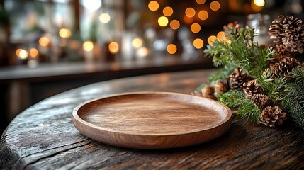 Fototapete - A wooden plate resting on a rustic wooden table in the foreground surrounded by a dreamy soft bokeh glow in a cozy countryside bar setting  The warm