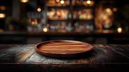 Fototapete - A wooden plate placed on a weathered rustic wooden table illuminated by a soft warm bokeh glow in the background of a cozy inviting bar setting