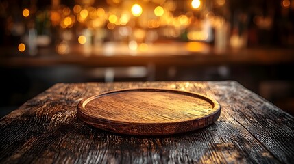 Fototapete - A wooden plate resting on a weathered rustic table illuminated by a soft warm glow of the bar s ambient lighting creating a cozy and inviting atmosphere in the background