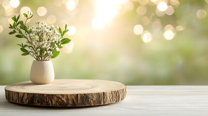 Poster - and Elegant Composition with a Wooden Plate Illuminated by a Warm Bokeh Glow Creating a Serene and Rustic Backdrop Perfect for Nature Inspired Designs Interiors and Still Life Shots