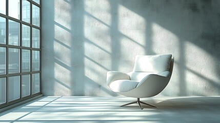 Poster - Bright and Airy Minimalist Studio Chair in Serene Sunlit Environment   A tranquil and inviting scene with a white sofa chair set against soft shadows on the walls
