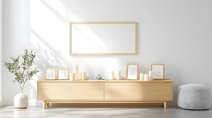 Aufkleber - Bright and Minimalist Living Room Design Featuring a Wooden Storage Cabinet Decorated with Candles Frames and Other Decorative Accents Against a White Wall