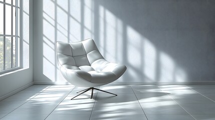 Poster - Bright and minimalist studio space with a modern white sofa chair bathed in natural light and surrounded by soft shadows creating a calm and sophisticated ambiance