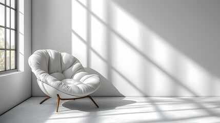 Aufkleber - Bright and serene studio room with a contemporary white sofa chair against a smooth white background illuminated by warm natural sunlight streaming through the window