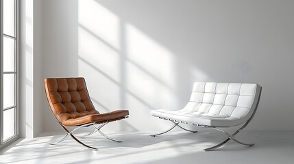 Poster - Bright and serene studio room with a contemporary white sofa chair against a smooth white background illuminated by natural sunlight streaming through the window