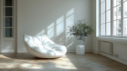 Poster - Bright and tranquil minimalist studio space with natural daylight streaming in highlighting a sleek and cozy white sofa chair as the focal point of the modern elegant interior design