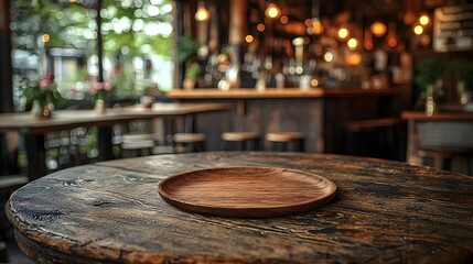Fototapete - Close up of a detailed wooden plate resting on a rustic wooden table surrounded by warm and soft bokeh lighting in a cozy countryside bar or restaurant setting