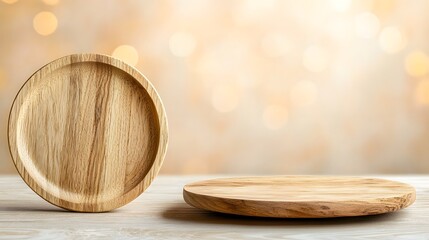 Fototapete - Close up of a wooden plate with visible natural wood grains set to the side and framed by a soft golden bokeh glow creating a cozy and elegant aesthetic for tabletop styling and home decor