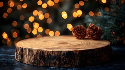 Poster - Closeup of a rustic wooden plate with a natural weathered finish set against a background of a cozy golden bokeh glow creating a warm and festive atmosphere