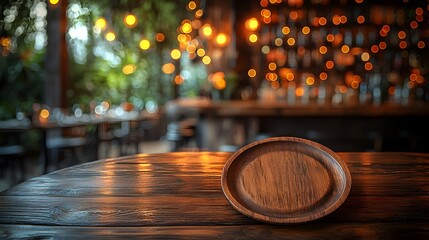 Fototapete - Cozy and inviting countryside bar scene featuring a wooden plate on a rustic wooden table surrounded by a dreamy warm toned bokeh lighting effect creating a charming and peaceful ambiance