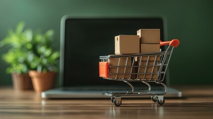 Poster - Online shopping cart with boxes on laptop 