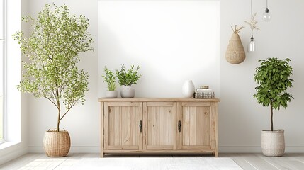 Poster - Cozy and Minimalist Living Room Interior with a Rustic Wooden Cabinet Potted Plants and Subtle Decor Accents Against a Plain White Backdrop