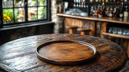 Fototapete - Cozy and rustic countryside bar or pub scene with a weathered distressed wooden table and a wooden plate as the main focus perfect for product mockups rustic themed photography or background imagery