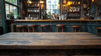 Fototapete - Cozy and Rustic Vintage Countryside Bar Interior with a Wooden Table Board in the Foreground Perfect for Product Display Photography and Creating a Warm Nostalgic Ambiance