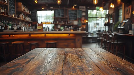 Fototapete - Cozy and Warm Countryside Bar Interior with Textured Wooden Table in the Foreground Perfect for Creative Mockups and Product Placements