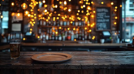 Fototapete - Cozy and warm rustic bar setting with a wooden plate and table in the foreground surrounded by a festive display of glowing bokeh lights that create a charming and inviting atmosphere
