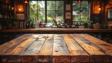 Fototapete - Cozy countryside bar interior with a textured wooden table in the foreground perfect for creative mockups and product placements  The warm lighting rustic decor